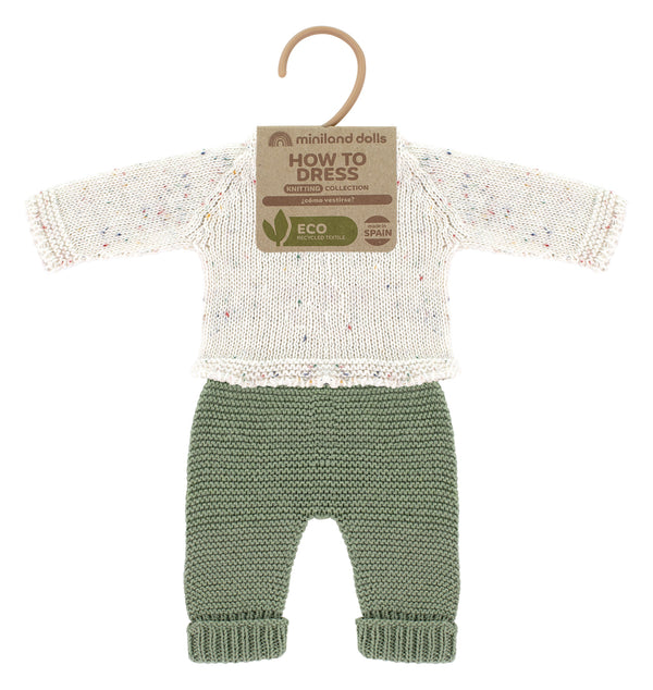 Ensemble tricoté vert et blanc pour poupée 32cm - Vanille Coton