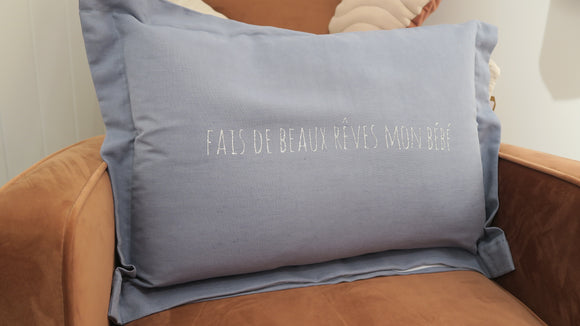 Coussin lin bleu Fais de beaux rêves mon bébé - Vanille Coton