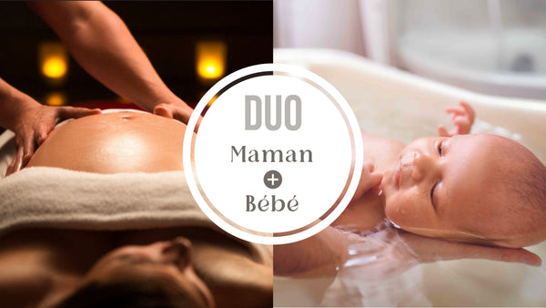 Duo de soins Massage pré-natal maman + Bain enveloppé bébé - Vanille Coton