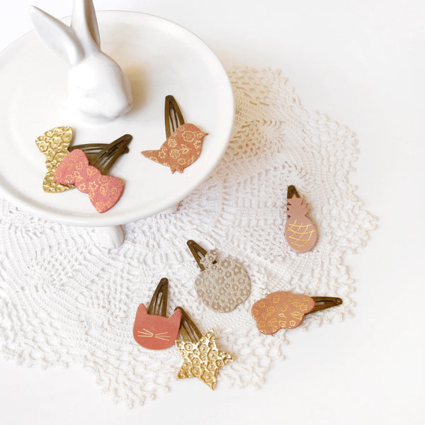 Barrette clic-clac cuir Piou fleuri - Vanille Coton